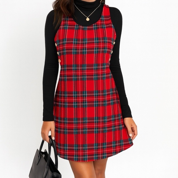 Vermont Country Store Red Plaid Wool Blend Jumper Dress L  Buttons Cottagecore - Picture 1 of 9